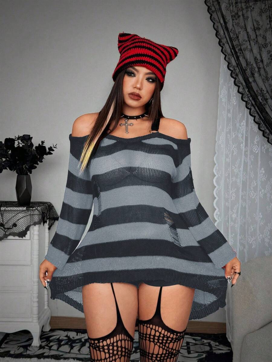 Whyspr Suéter holgado y cómodo con aberturas, tirantes anillados para mujeres, de rayas delgadas, corto y descubierto de los hombros, de longitud media - Multicolor - Ver 1