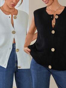 EURMUSE 2 pièces Gilet tricoté avec détails de boutons dorés pour femmes - Noir et Blanc - Voir 1