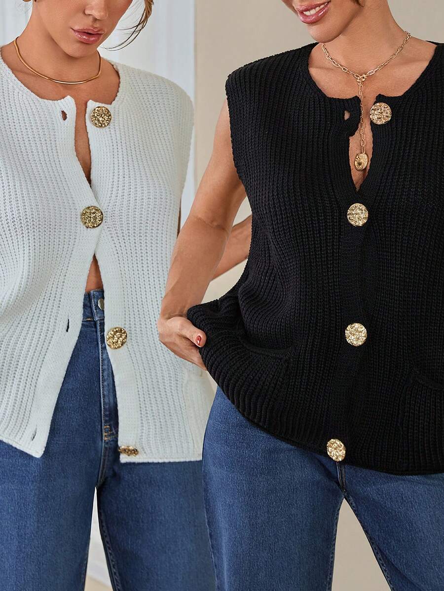 EURMUSE 2 pièces Gilet tricoté avec détails de boutons dorés pour femmes - Noir et Blanc - Voir 1