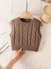 SHEIN Young Girl Ribbed Knit Sweater Vest With Cable Texture, Elegant & Cute, High Quality, Warm & Soft, Versatile For Play, Daily Wear, School, Autumn & Winter,Pairing White Shirt,Back To School Season.College Style,