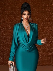 Maweii Đầm dự tiệc tay dài cổ khoét sâu cỡ lớn cho nữ, dáng ôm thanh lịch, nhún bèo - Màu xanh lam - Xem 4