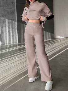 EURMUSE 2pcs/Set Women Solid Color Patchwork Long Sleeve Minimalist Top And Pants Set - Pink - View 4