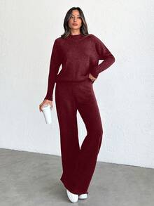 SHEIN Tall 女款假領落肩袖針織毛衣 2件/組，適合高個女性 - 酒紅色 - 查看 5