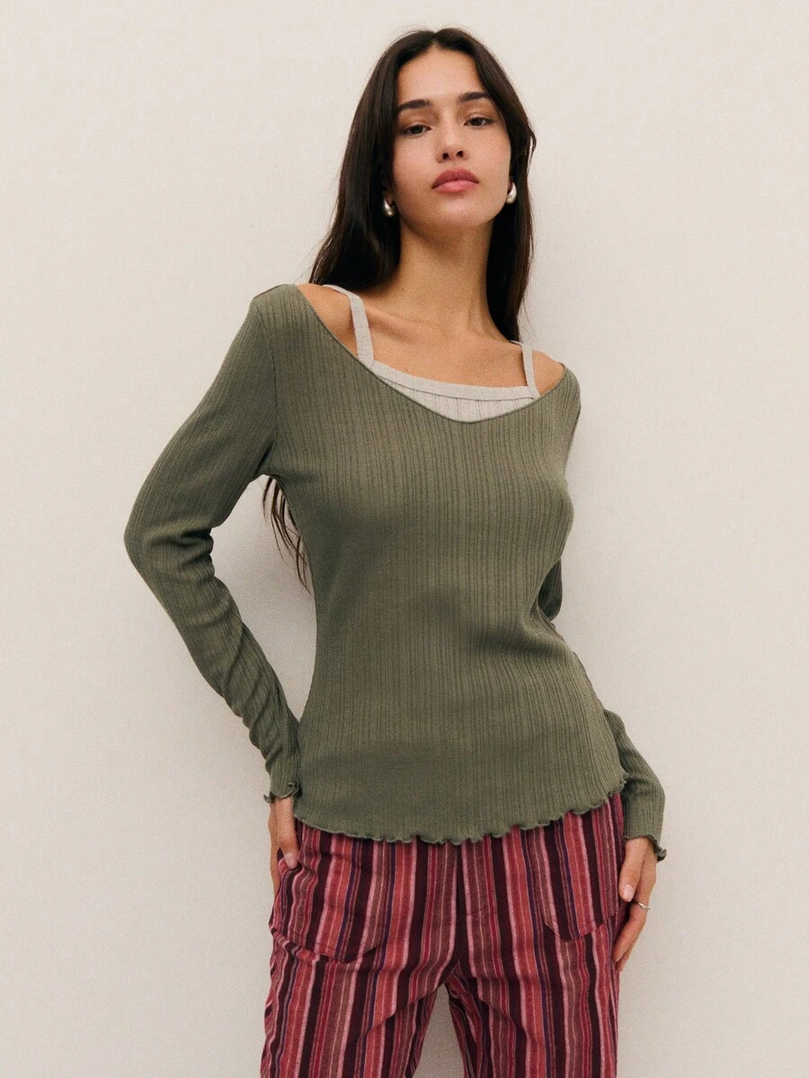 Nöista 优雅别致的双色罗纹针织上衣，领口采用层叠设计，尽显时尚气息。是打造精致现代的夏季穿搭和春假造型的完美之选。 - 綠色 - 查看 1