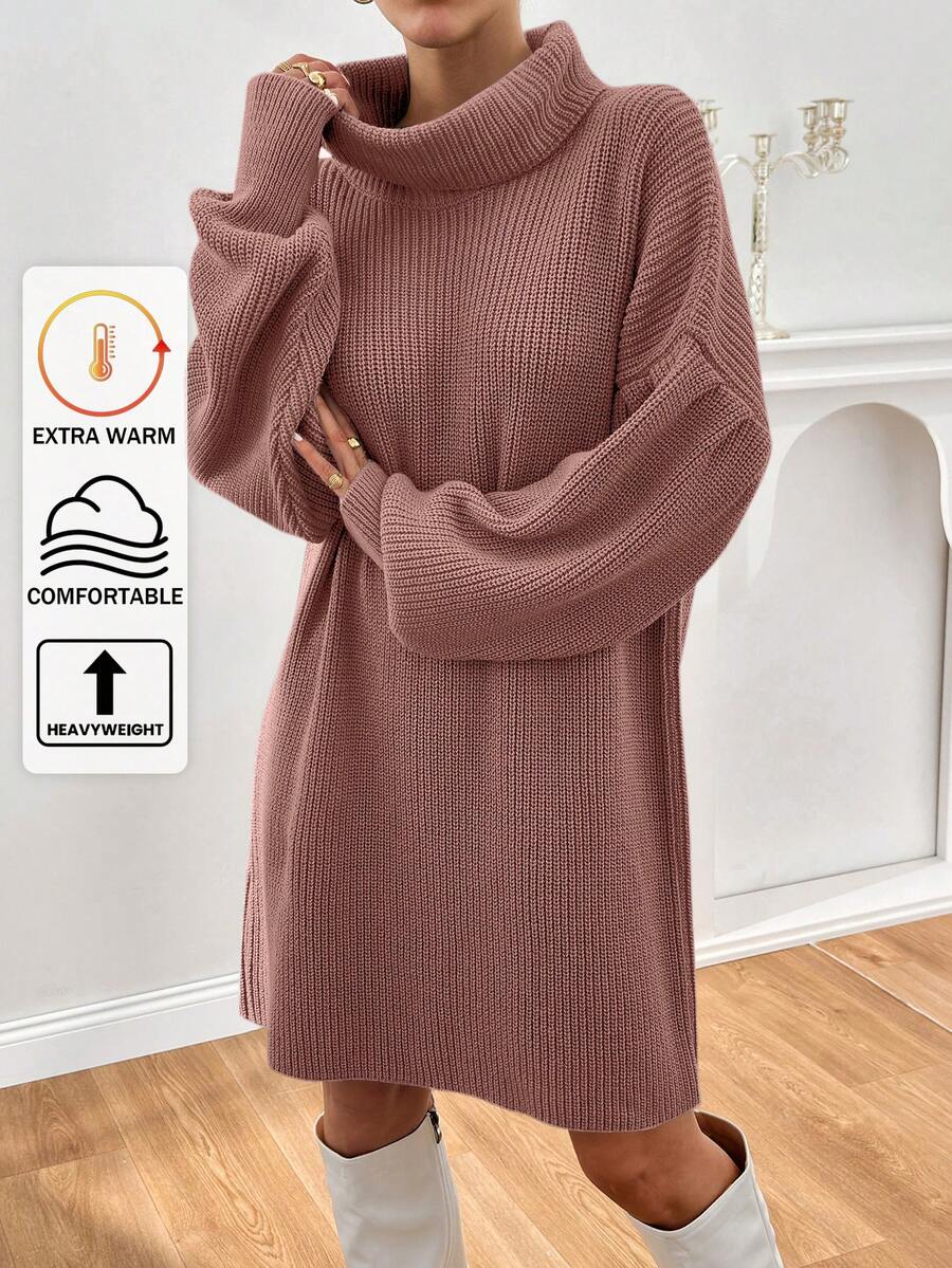 EURMUSE Vestido de suéter con cuello alto y mangas abullonadas para mujer - Rosa vieja - Ver 1