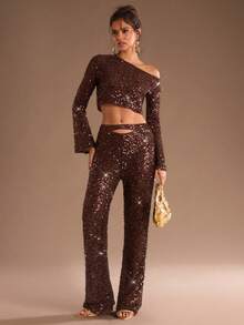 SHEIN Glamour Nuevos pantalones de mujer hechos de tela con lentejuelas, con un diseño con recorte en la parte delantera y una cremallera en la parte trasera. Estos pantalones están diseñados con un estilo de moda elegante y de alta gama y son adecuados para usar durante todo el año. Son la opción ideal para pantalones de fiesta de mujer, pantalones de vestido de cumpleaños, pantalones elegantes para cenas, atuendo festivo, atuendos para citas nocturnas y pantalones para fiestas de cócteles. - Marrón - Ver 4