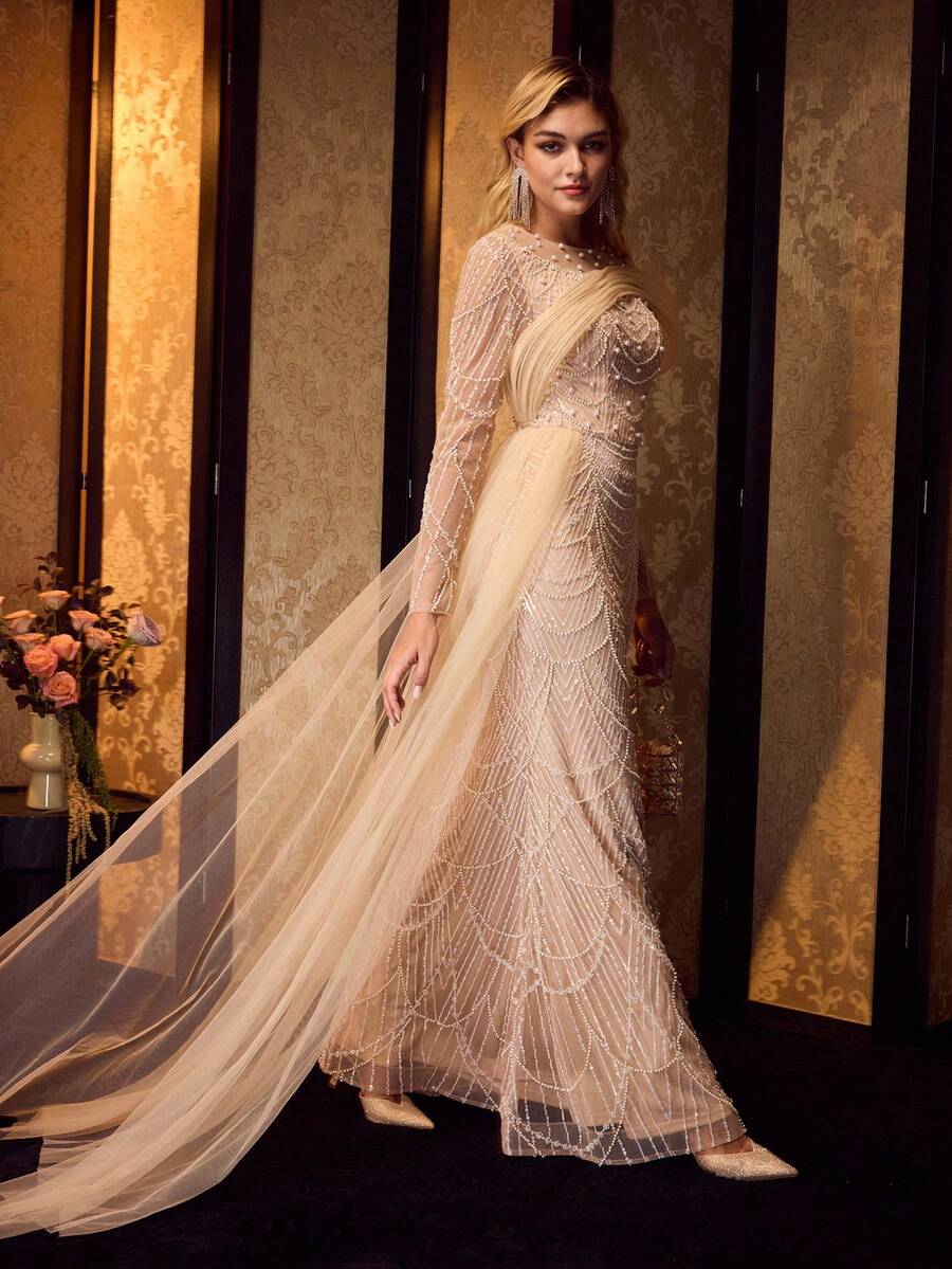 MOTF Soiréza ELEGANT ROUND NECK LONG SLEEVE FLOOR-LENGTH PEARL-EMBELLISHED PARTY GOWN WITH SHOULDER ACCENTS, SIDE SHEER TULLE TRAIN & MERMAID FISH-TAIL SKIRT, BEADED FABRIC, SLIM-FITTING SILHOUETTE FOR ALL SEASON FORMAL EVENTS & GALAS - Champagne - View 1