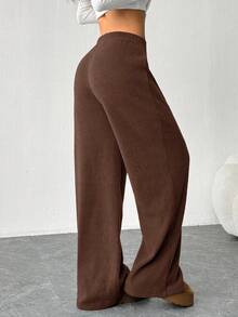 SHEIN EZwear Quần ống đứng ống đứng đơn sắc mới cho nữ, cạp chun co giãn, dây rút, dáng rộng, quần bó ống rộng màu nâu, quần ống rộng màu nâu, quần dệt kim, quần nỉ ống rộng màu nâu, quần dệt kim nữ, quần dệt kim ống rộng, quần dệt kim nữ, quần dệt kim màu nâu - màu nâu - Xem 2