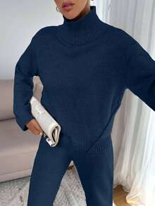 EURMUSE Women Relaxed Fit Turtle-Neck Sweater With Rib Knit Detailed And Straight Knit Pant Set,Co Ord,Winter Clothes - Navy Blue - View 4