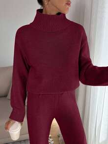 EURMUSE Women Relaxed Fit Turtle-Neck Sweater With Rib Knit Detailed And Straight Knit Pant Set,Co Ord,Winter Clothes - Burgundy - View 7