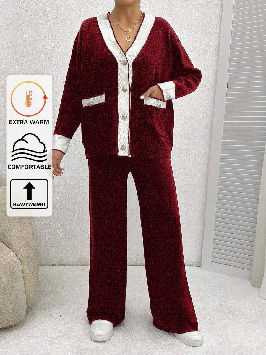 EURMUSE Ladies' Two Pieces Set Of Colorblock Cardigan With Rolled Edge And Drop Shoulder & Pants With Button Fly ,Petite Women - Burgundy - View 1