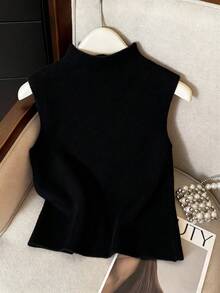 Franclia Casual Loose Turtleneck Sleeveless Knitted Button Design Red Women Sweater Top, Spring/Autumn - Black - View 2