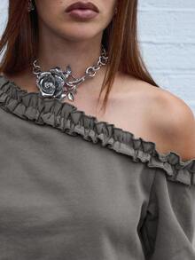 COUREZ Long Sleeve Off Shoulder Sweater With Frills Detail /Y2K  Women Clothes  Clothes Cute Tops Going Out Top Spring Clothes Grey Top - Grey - View 6