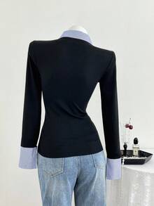 Elamini 女士休闲合身针织条纹衬衫