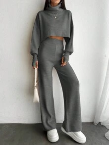 EURMUSE 2pcs Set: Turtleneck Puff Sleeve Solid Color Sweater Top And Pants, Knitted - Dark Grey - View 5