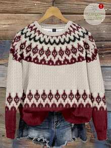 SHEIN LUNE Casual Minimalist Fair Isle Geometric Red Jacquard Print Pattern Crew Neck Loose Fit Women Sweatshirt, Suitable For Autumn/Winter, Christmas