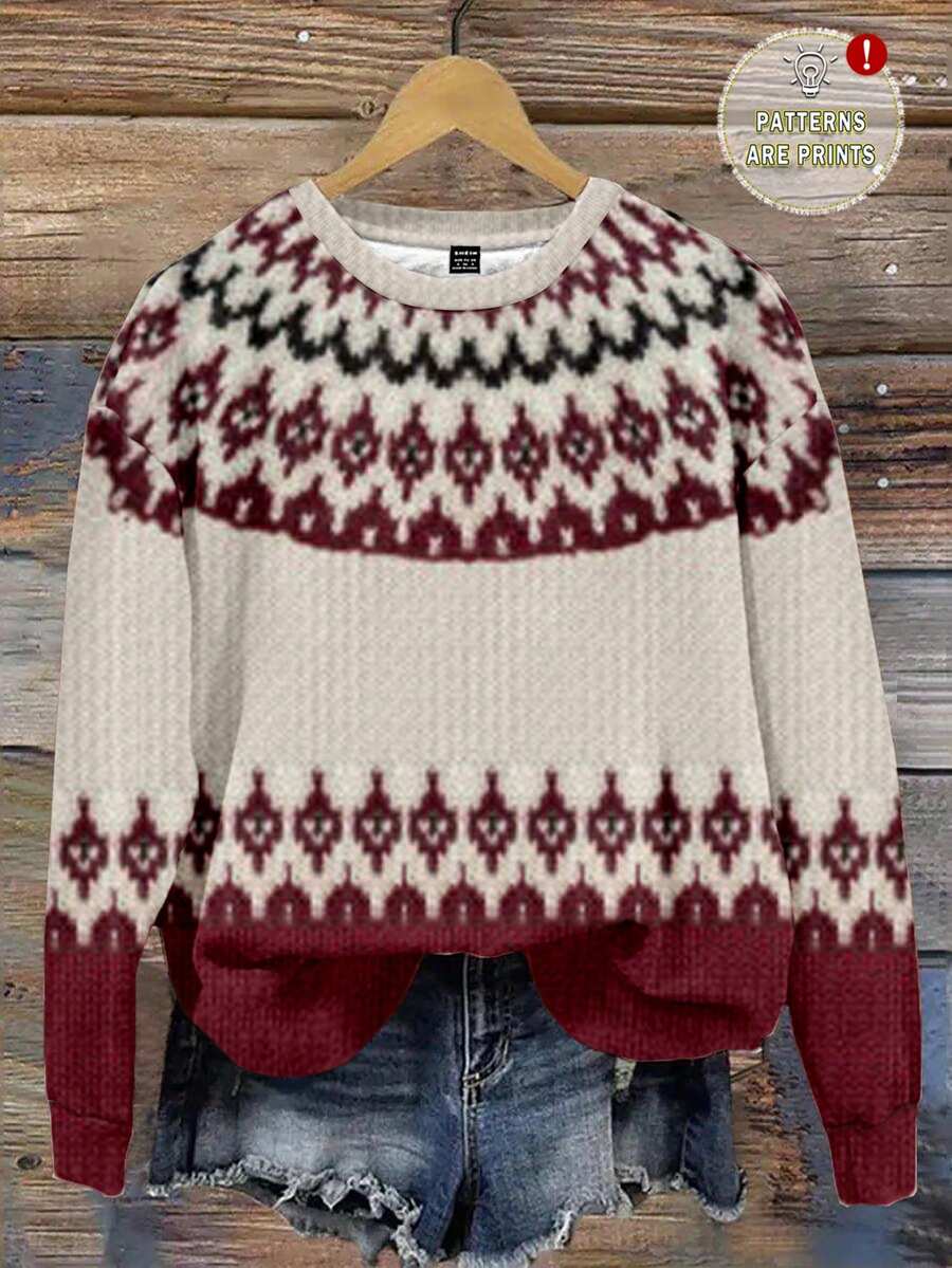 SHEIN LUNE Casual Minimalist Fair Isle Geometric Red Jacquard Print Pattern Crew Neck Loose Fit Women Sweatshirt, Suitable For Autumn/Winter, Christmas