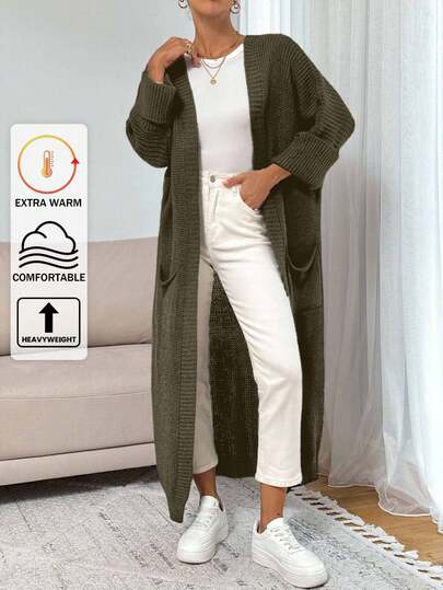 SHEIN Women's Casual Solid Color Patchwork Pocket Long Cardigan, Autumn/Winter,Petite Cardigans,Cardigans