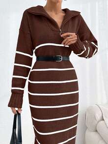 EURMUSE Women's Maxi Length Zipper Stripe Knitwear Dress,Petite - Brown - View 6