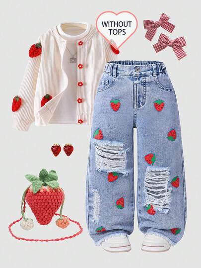 SHEIN ChillGRL 少女浅洗蓝草莓印花阔腿牛仔裤，舒适甜美休闲度假学院风推荐！舒适的浅洗蓝牛仔面料