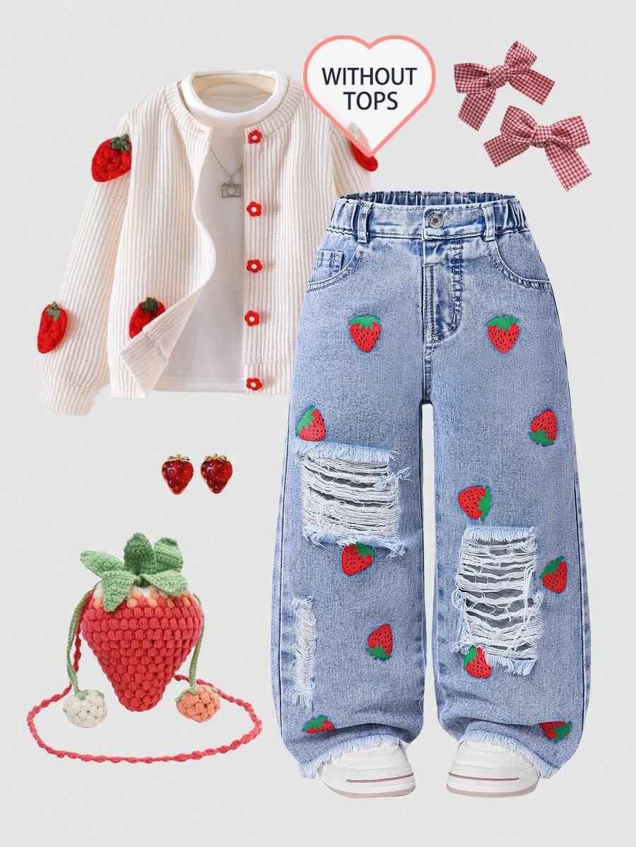 SHEIN ChillGRL 少女浅洗蓝草莓印花阔腿牛仔裤，舒适甜美休闲度假学院风推荐！舒适的浅洗蓝牛仔面料 - 淺色水洗藍 - 查看 1