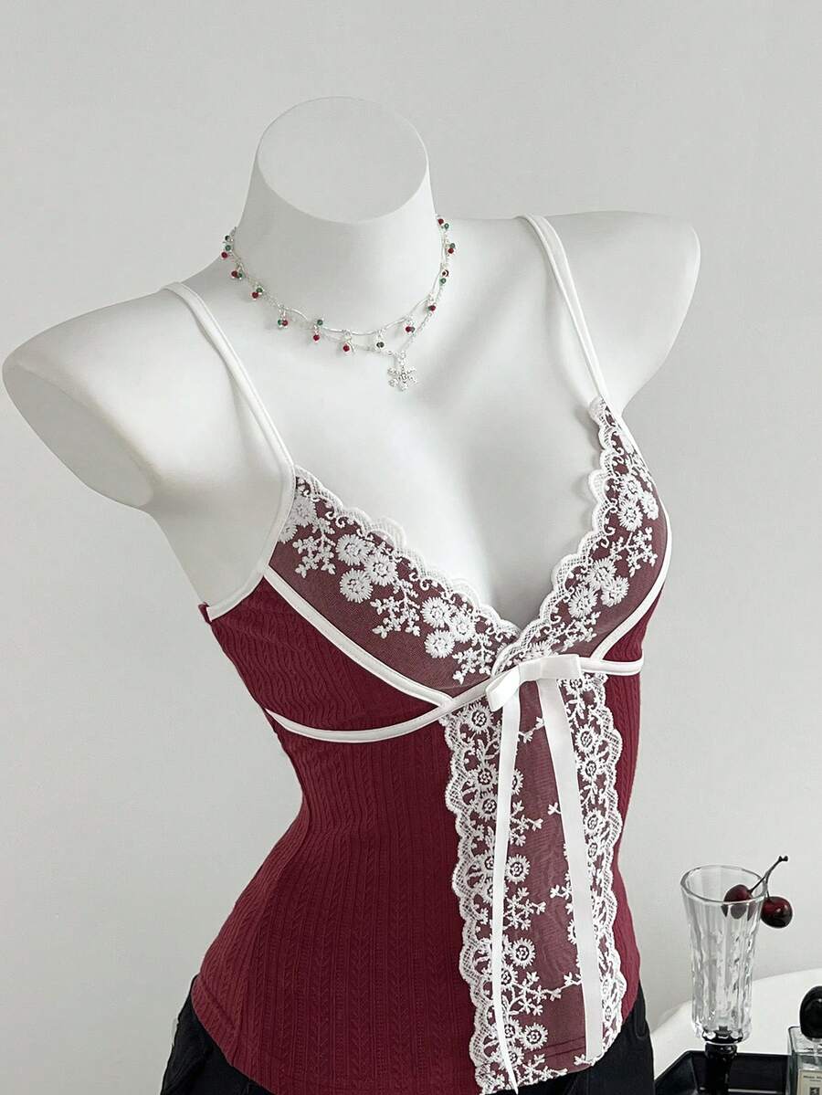 Elamini Women's Casual Fashionable Lace Patchwork Knit Camisole, Autumn/Winter - Burgundy - View 1