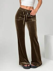 SHEIN EZwear Women's Brown Velvet Casual Pants, Simple & Fashionable For Everyday Wear