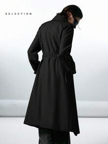 LYSMO 女士休闲双排扣纯色风衣，秋季女士未来主义时尚前卫风 - 黑色 - 查看 2