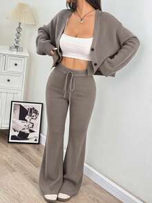 SHEIN EZwear 秋冬女士休闲纯色宽肩带开衫和抽绳腰喇叭裤两件套 - 咖啡棕 - 查看 3