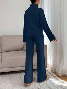 EURMUSE Women Relaxed Fit Turtle-Neck Sweater With Rib Knit Detailed And Straight Knit Pant Set,Co Ord,Winter Clothes - Navy Blue - View 2