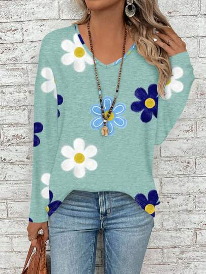 EMERY ROSE Camiseta feminina casual minimalista para o dia a dia, versátil, com estampa floral texturizada em tons de azul e verde retrô, decote em V, ombros caídos e mangas compridas soltas. Ideal para o outono/inverno, quente e confortável.