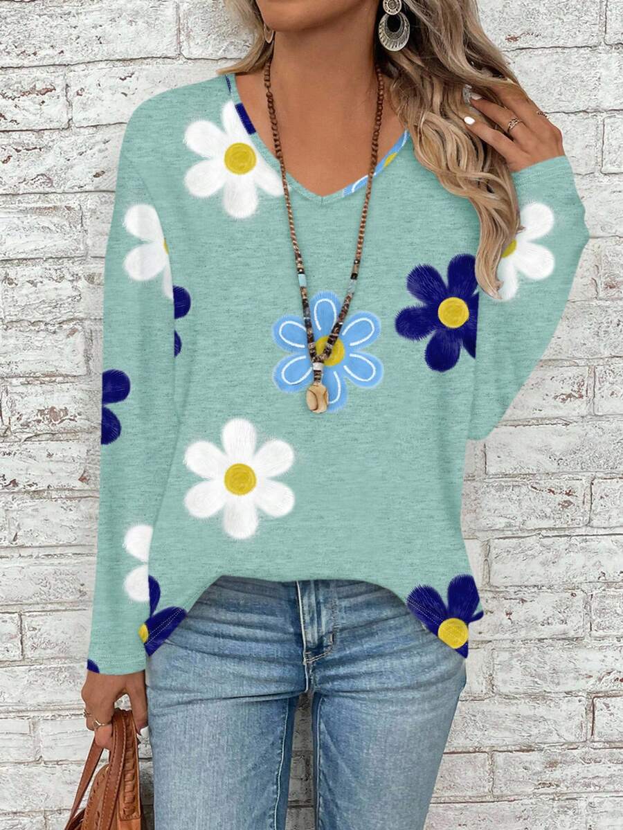 EMERY ROSE Casual Minimalist Daily Commute Versatile Retro Blue-Green Floral Textured Print Pattern V-Neck Dropped Shoulder Loose Long Sleeve Women T-Shirt, Warm And Comfortable For Autumn/Winter New Year Party - Multicolor - View 1