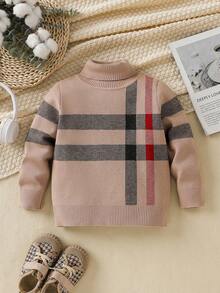 SHEIN Playful Pals Young Boy Casual Striped Jacquard Turtleneck Sweater, Soft & Comfortable For Outdoor, Holiday, Daily, School, Daycare, Play, Autumn/Winter Christmas Halloween Sweater Fall Cozy - Khaki - View 4