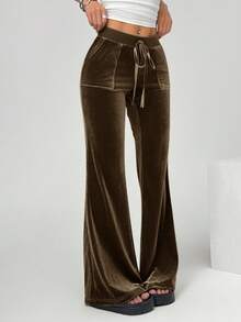 SHEIN EZwear Women's Brown Velvet Casual Pants, Simple & Fashionable For Everyday Wear
