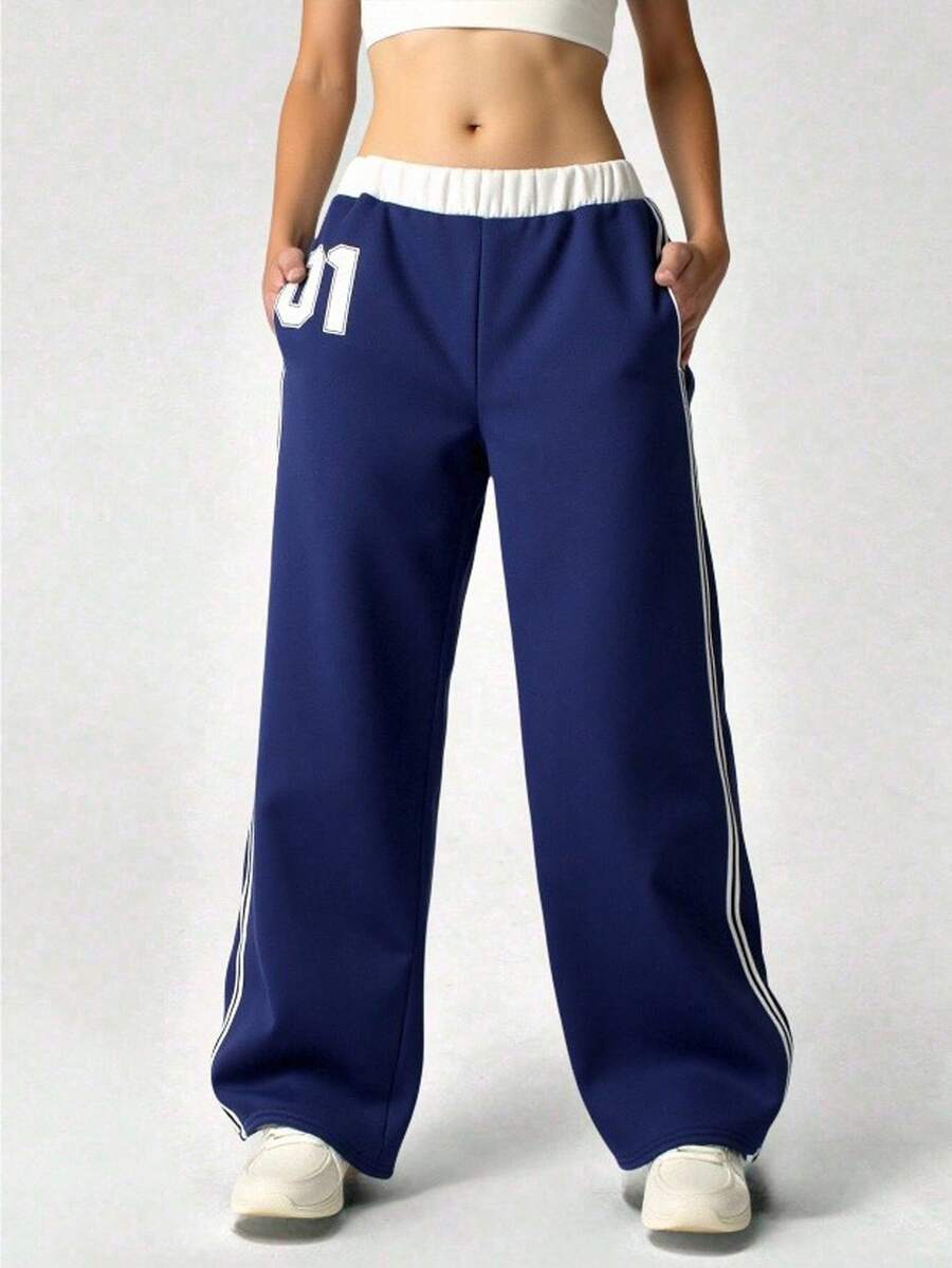 SHEIN Quần nỉ cạp chun in số màu tương phản thường ngày cho bé gái, quần dài màu trơn đa năng phù hợp khi đi làm, đi học, mặc thường ngày, đi nghỉ, tiệc ngoài trời, thể thao, phù hợp cho mùa thu/đông - Nhiều màu - Xem 1