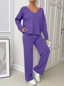 EURMUSE Damski luźny, wygodny, ciepły, gruby, dwuczęściowy komplet swetrów z podwójnym rękawem i dekoltem w serek