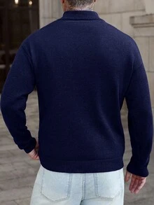 Manfinity Homme 男士四分之一拉链长袖套头衫，秋冬 - 藍色 - 查看 2