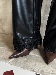 SHEIN Unity Fashionable Commuter PU Lace Patchwork Straight Leg Pants - Black - View 4