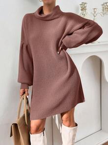 EURMUSE Vestido de suéter con cuello alto y mangas abullonadas para mujer - Rosa vieja - Ver 5