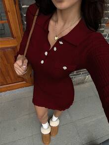 SHEIN Unity Vestido de punto casual de mujer para otoño/invierno con botones y cuello con rhinestones - Rojo - Ver 6