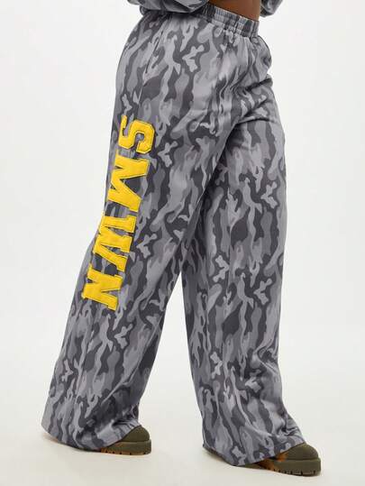 SUMWON WOMEN Wide Leg Camouflage Sweatpants With Yellow Letter Print Side Design Casual Loose Fit Pants