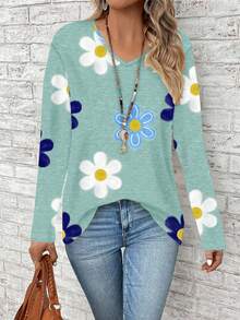 EMERY ROSE Casual Minimalist Daily Commute Versatile Retro Blue-Green Floral Textured Print Pattern V-Neck Dropped Shoulder Loose Long Sleeve Women T-Shirt, Warm And Comfortable For Autumn/Winter New Year Party - Multicolor - View 3