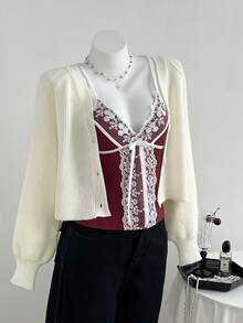 Elamini Women's Casual Fashionable Lace Patchwork Knit Camisole, Autumn/Winter - Burgundy - View 7