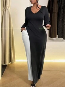 Maweii Camiseta larga casual de mujer talla grande con cuello en V, manga larga y bajo con abertura lateral - Negro - Ver 1