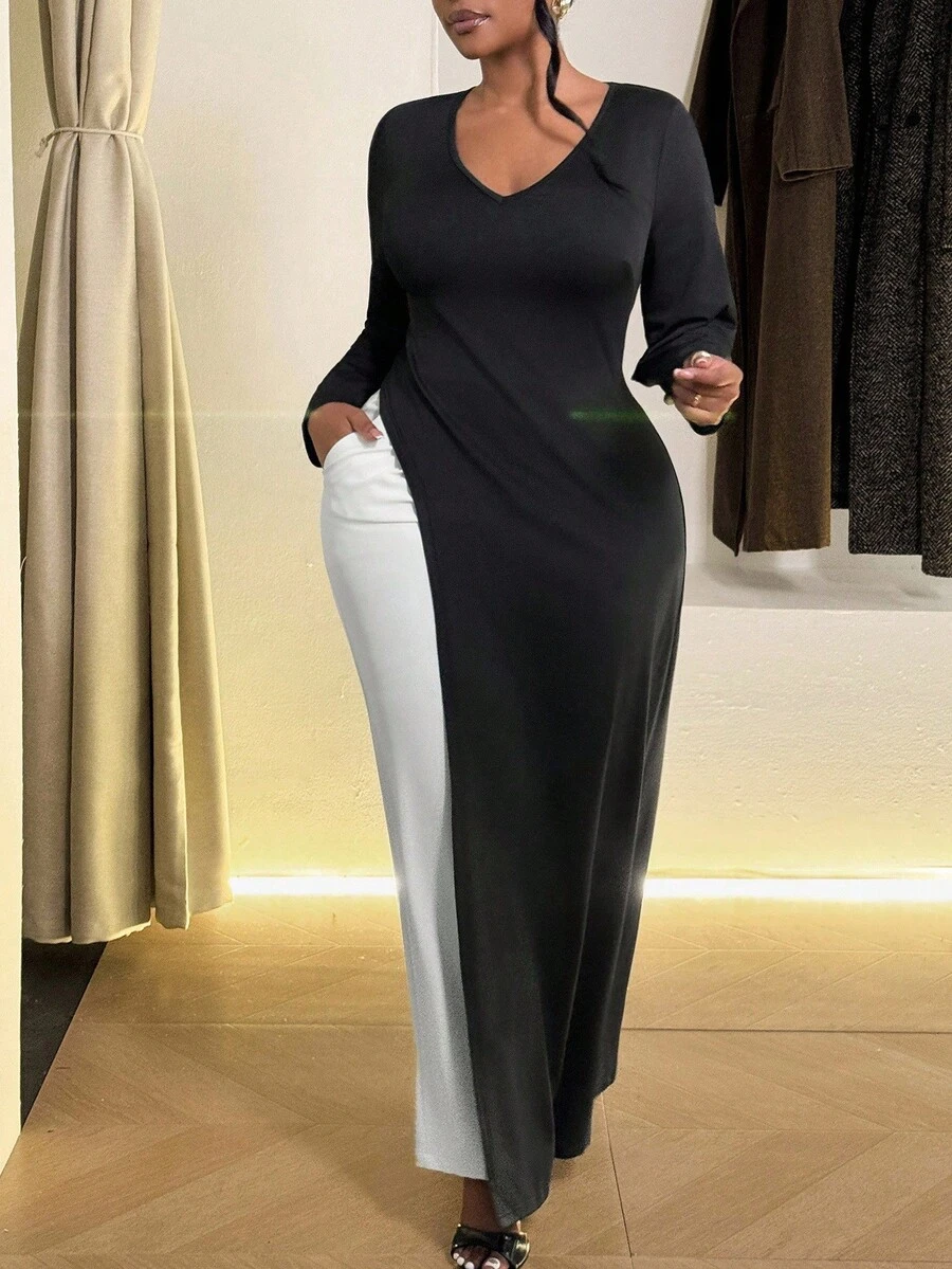 Maweii Camiseta larga casual de mujer talla grande con cuello en V, manga larga y bajo con abertura lateral - Negro - Ver 1
