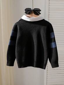 SHEIN 男童休闲拼色条纹针织毛衣，秋冬 - 黑色 - 查看 2