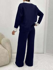 EURMUSE Ladies' Two Pieces Set Of Colorblock Cardigan With Rolled Edge And Drop Shoulder & Pants With Button Fly - Navy Blue - View 2
