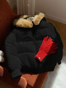 Muchica Women's Faux Fur Patchwork Hooded Zip-Up Long Sleeve Padded Coat Autumn Winter Clothes For Women Black Black Jacket Oversized Jacket Crop Jacket