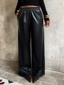 SHEIN Unity Fashionable Commuter PU Lace Patchwork Straight Leg Pants - Black - View 7