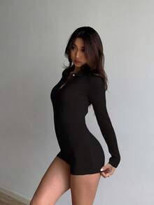 Flirla Women's Solid Color Front Button Fashionable Knitted Long Sleeve Fitted Jumpsuit